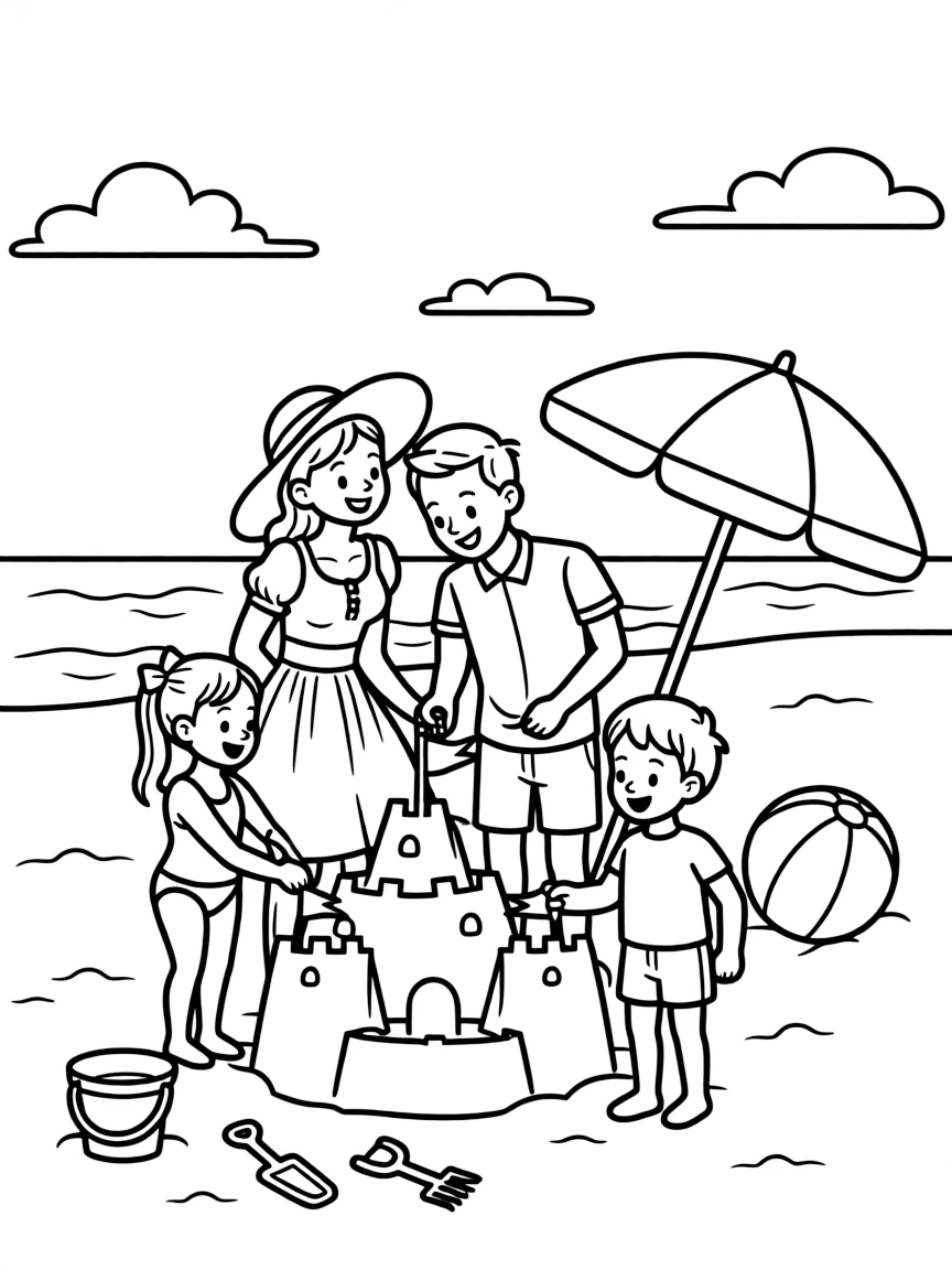 (family) Family having a beach day building sandcastles