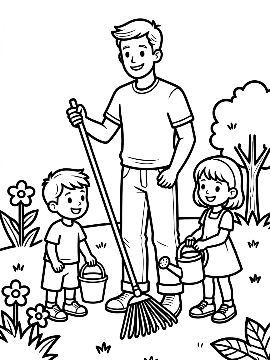 (family) Kids helping dad with yard work