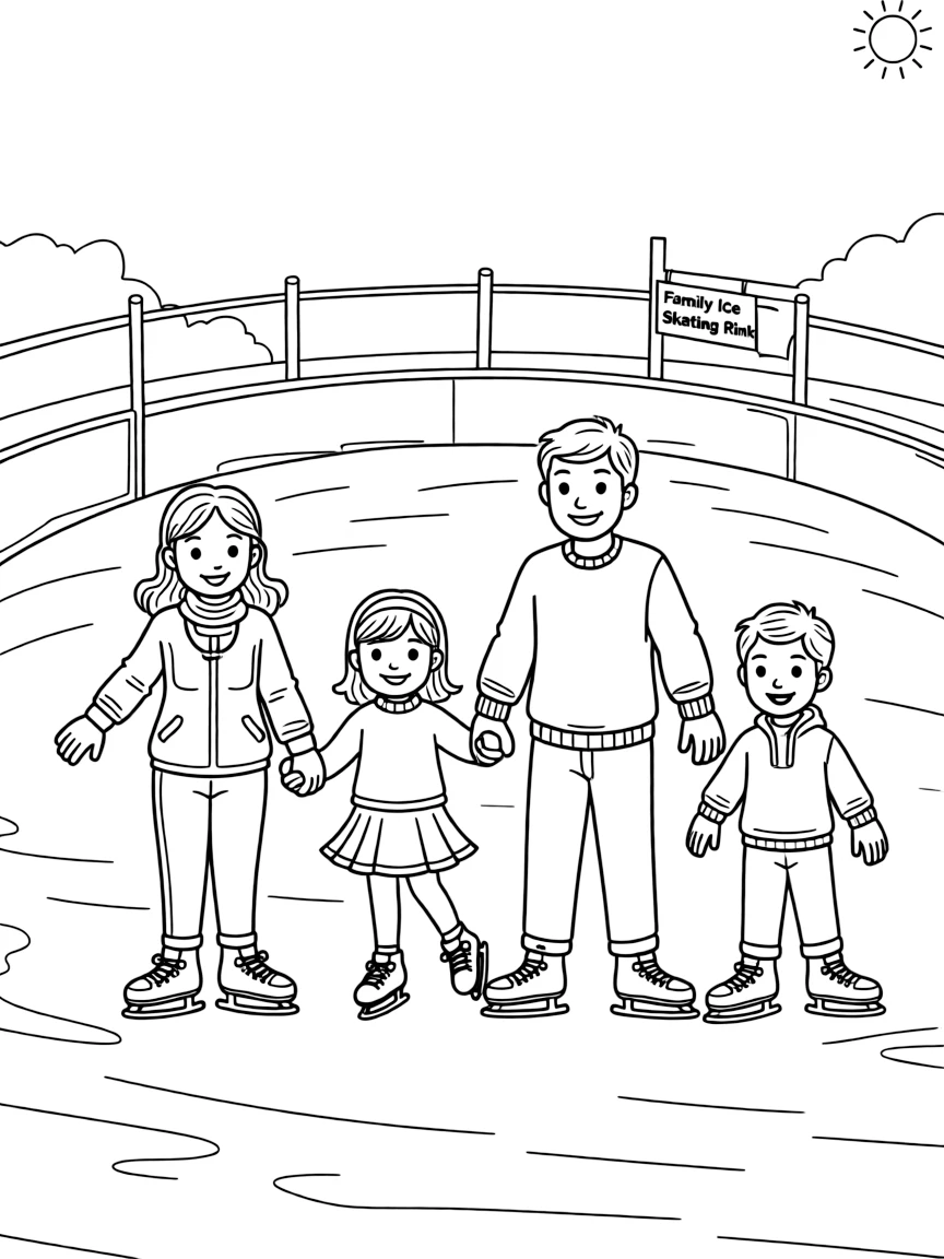 (family) Family ice skating together at a rink