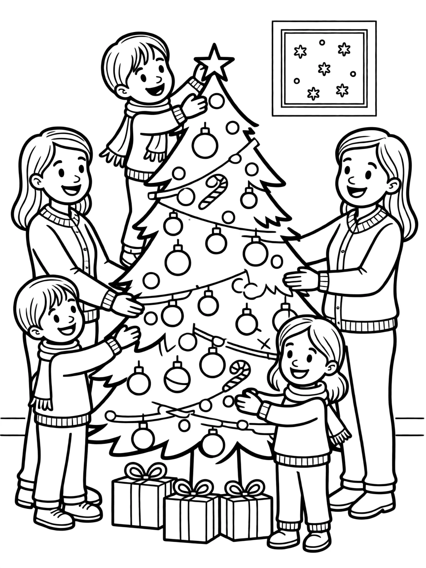 (family) Children and parents decorating a Christmas tree
