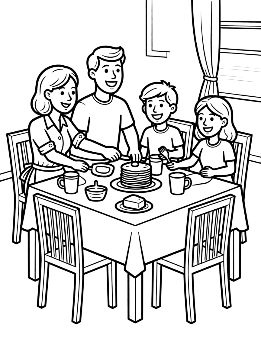 (family) Family having a pancake breakfast together