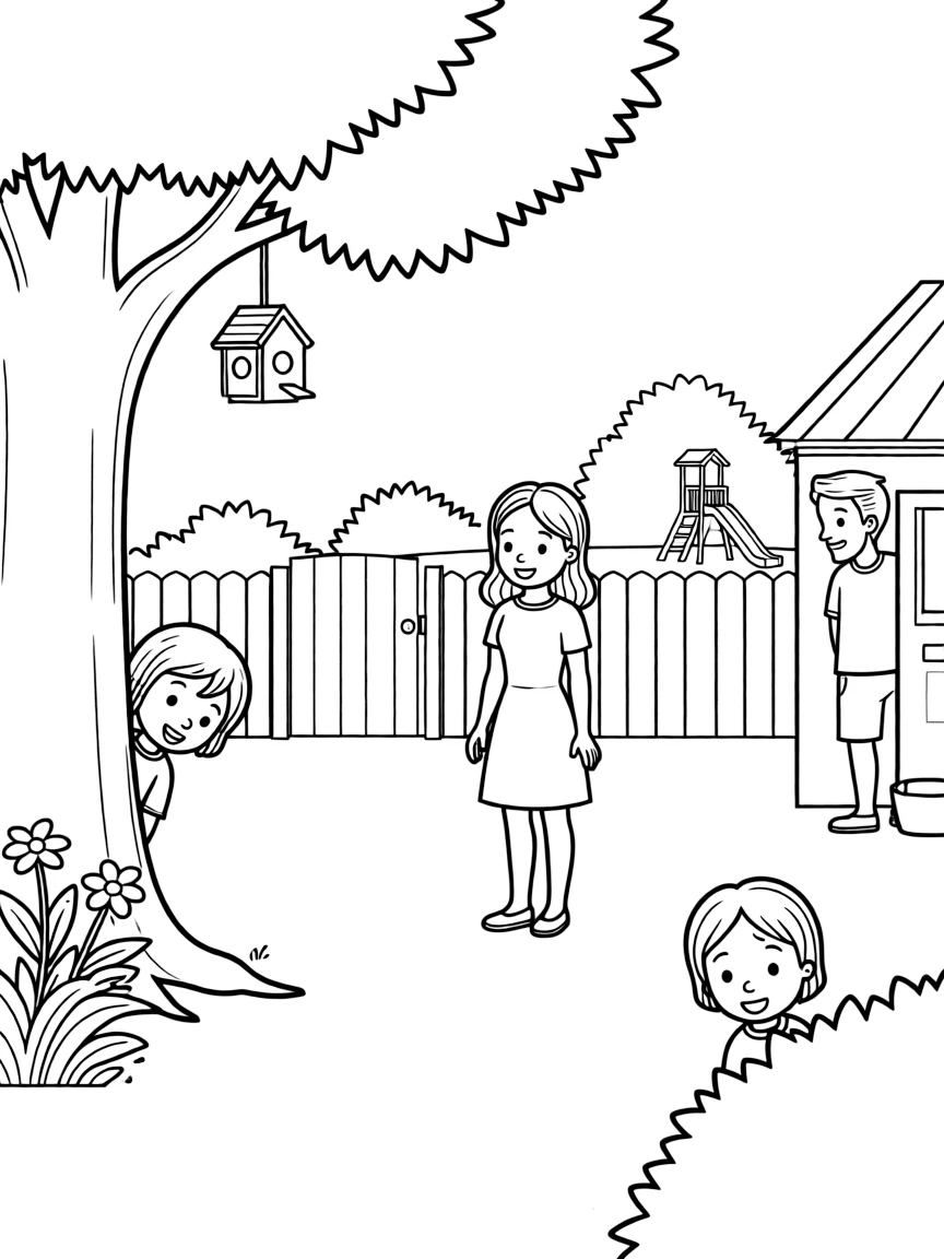 (family) Children playing hide and seek with parents
