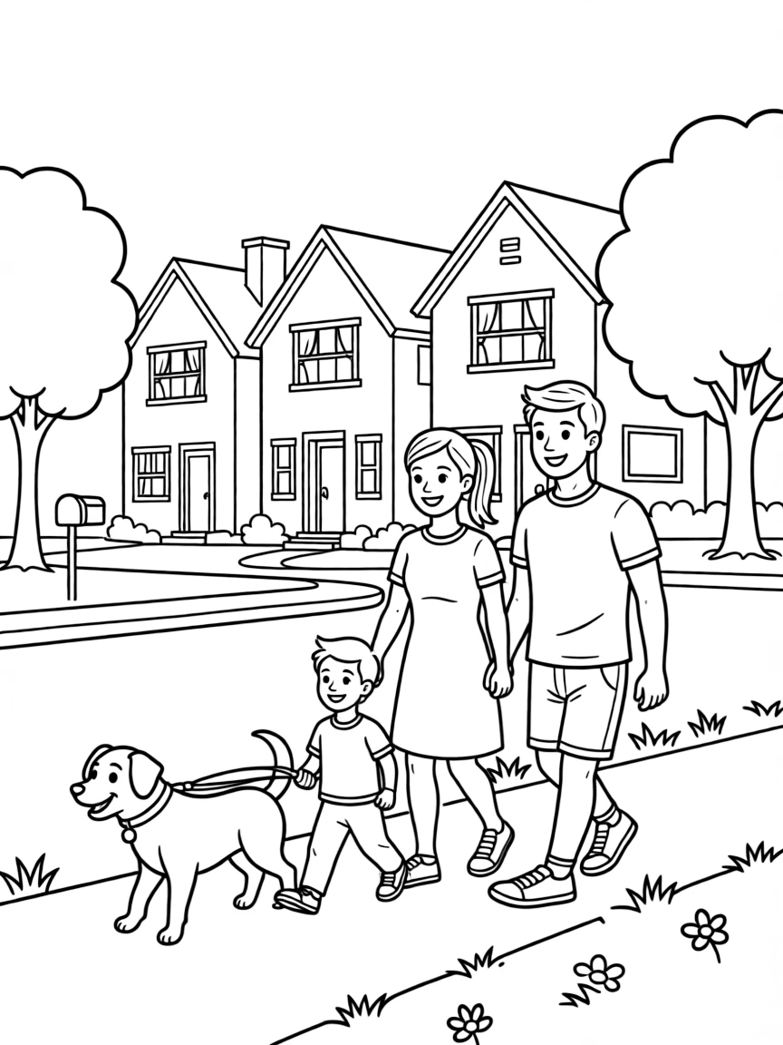 (family) Family walking their dog in the neighborhood