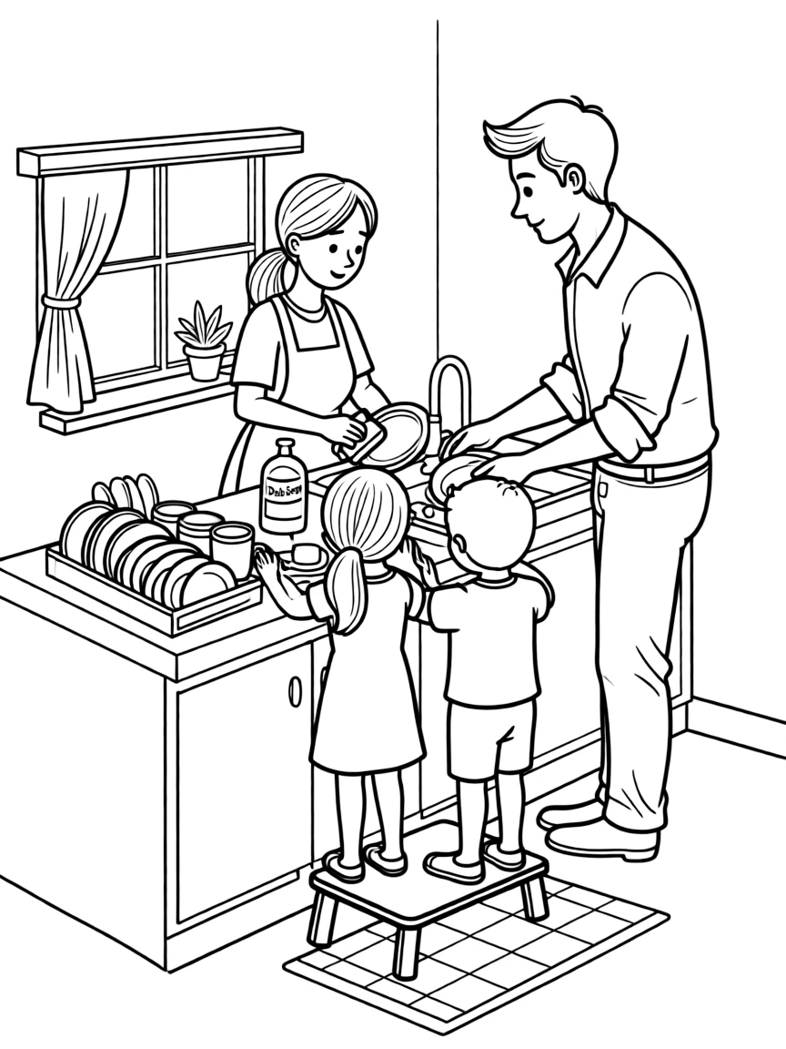 (family) Kids helping parents wash dishes