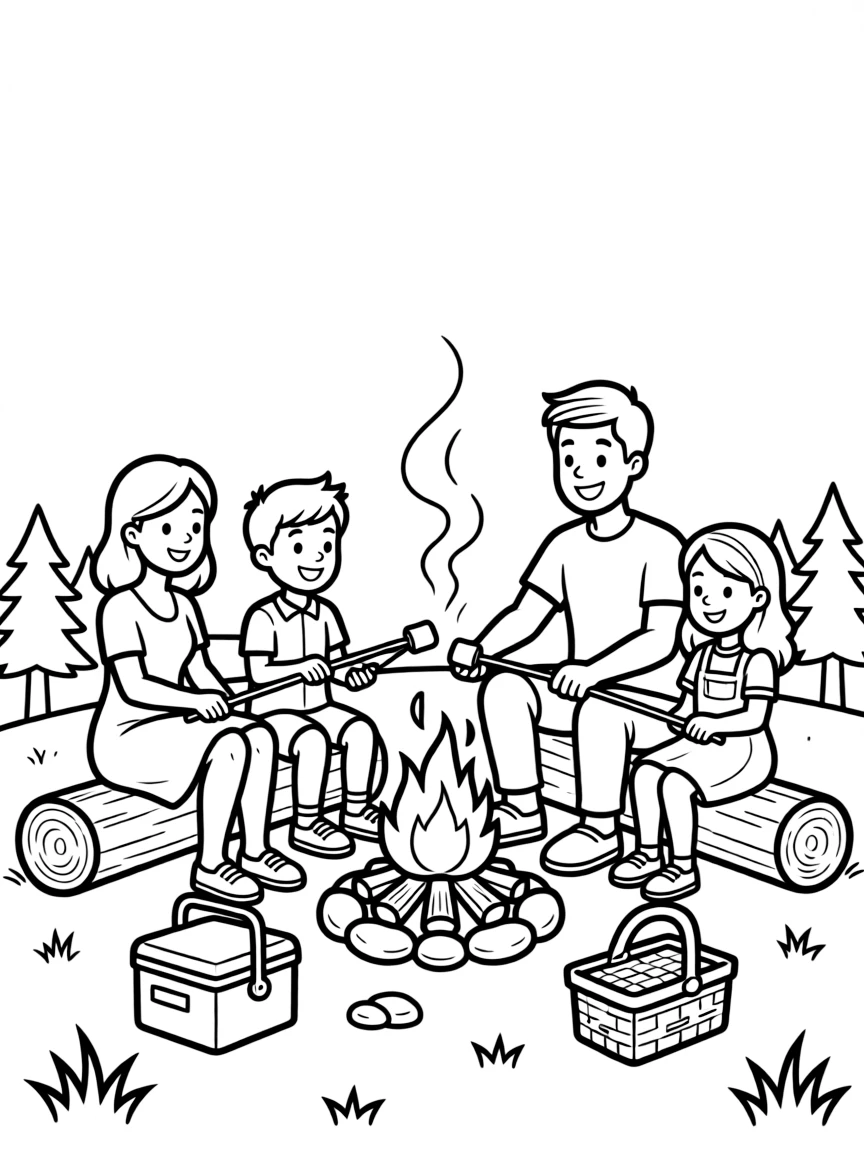 (family) Family roasting marshmallows around a campfire