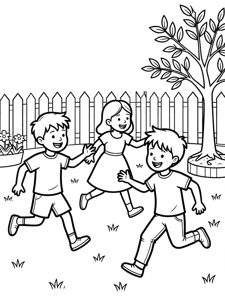 (family) Children playing tag in the backyard
