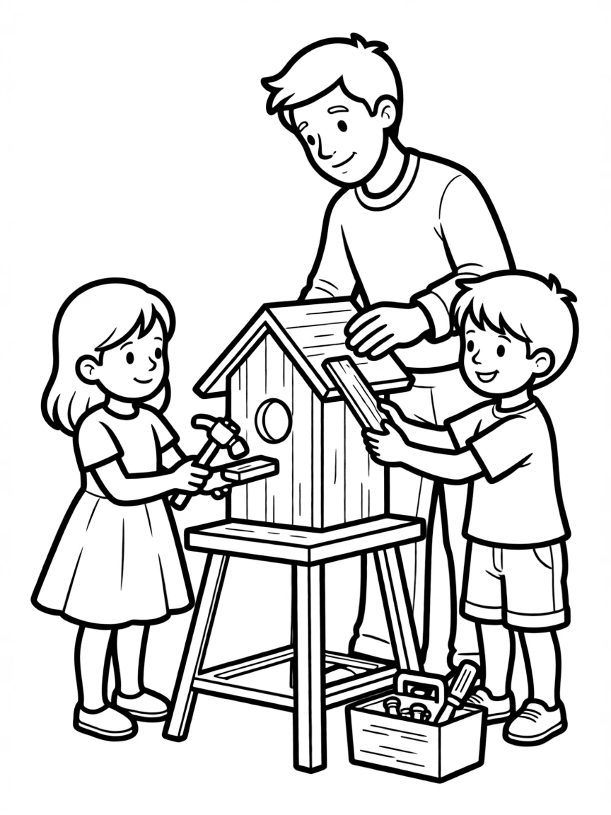 (family) Kids helping dad build a birdhouse
