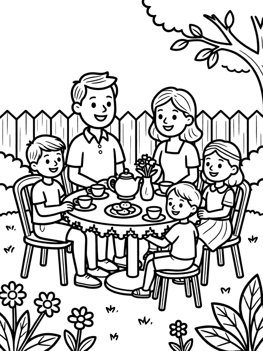 (family) Family having a tea party in the garden