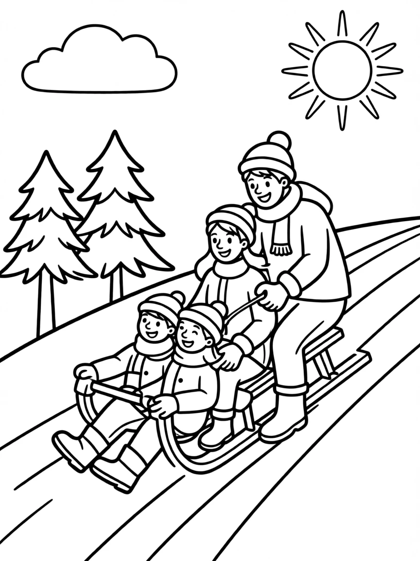 (family) Family sledding down a snowy hill