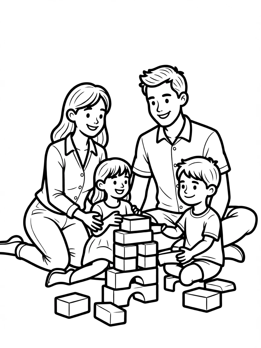 (family) Children building blocks with parents