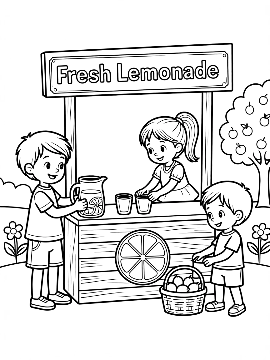 (family) Kids helping set up a lemonade stand