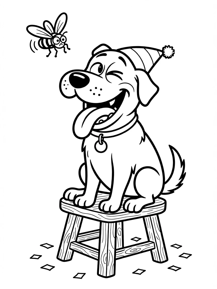 (stupid) A dumb-looking dog with a huge goofy grin, crossed eyes, tongue lolling sideways out of its mouth, wearing a party hat on backwards and one ear flopped inside-out, sitting on a wonky three-legged stool that's about to tip over, with a single confused fly circling above its head