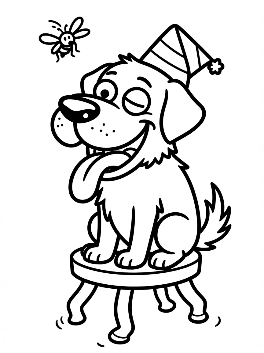 (stupid) A dumb-looking dog with a huge goofy grin, crossed eyes, tongue lolling sideways out of its mouth, wearing a party hat on backwards and one ear flopped inside-out, sitting on a wonky three-legged stool that's about to tip over, with a single confused fly circling above its head
