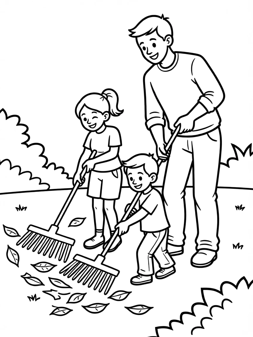 (family) Kids helping dad rake leaves