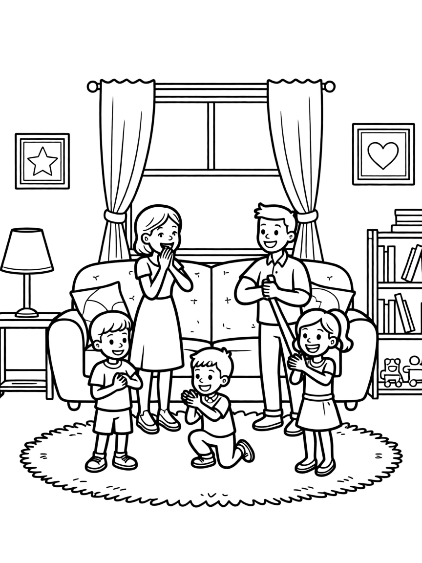 (family) Family playing charades in the living room