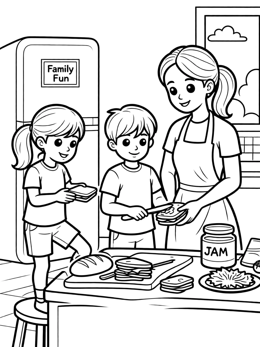 (family) Children helping mom make sandwiches