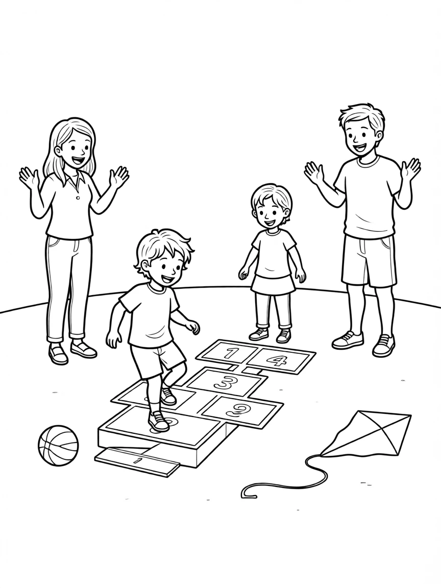 (family) Kids playing hopscotch with parents