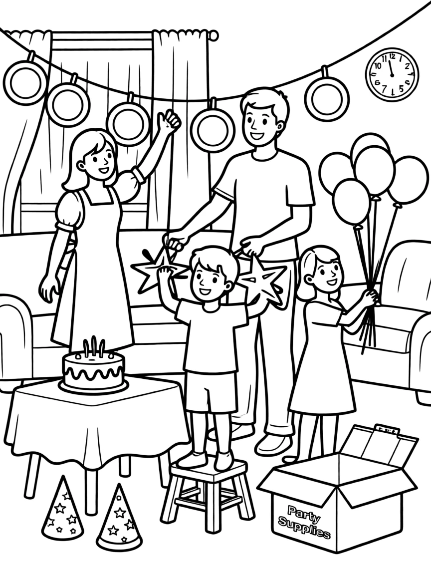 (family) Children helping parents decorate for a party
