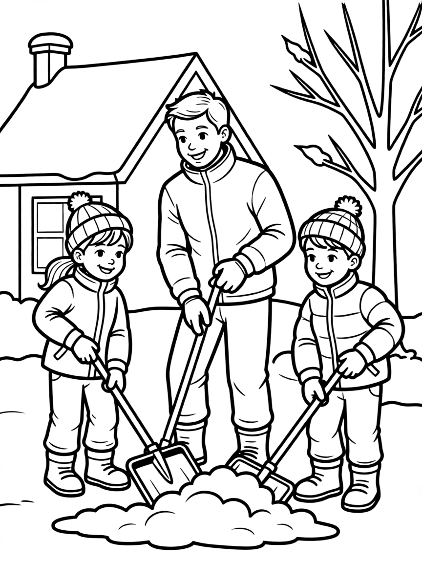 (family) Kids helping dad shovel snow