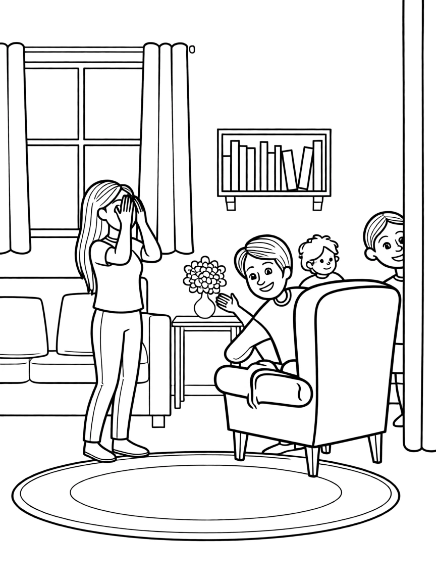(family) Family playing hide and seek indoors