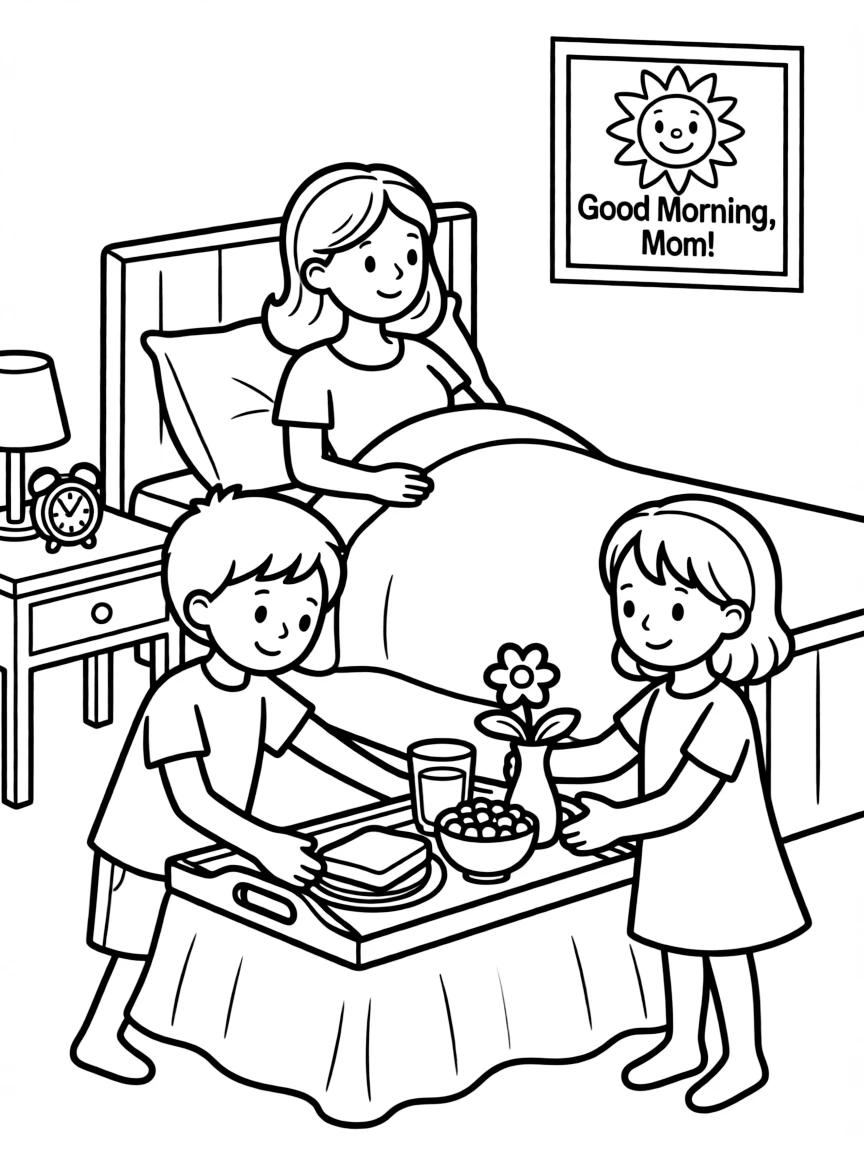 (family) Children helping make breakfast in bed for mom