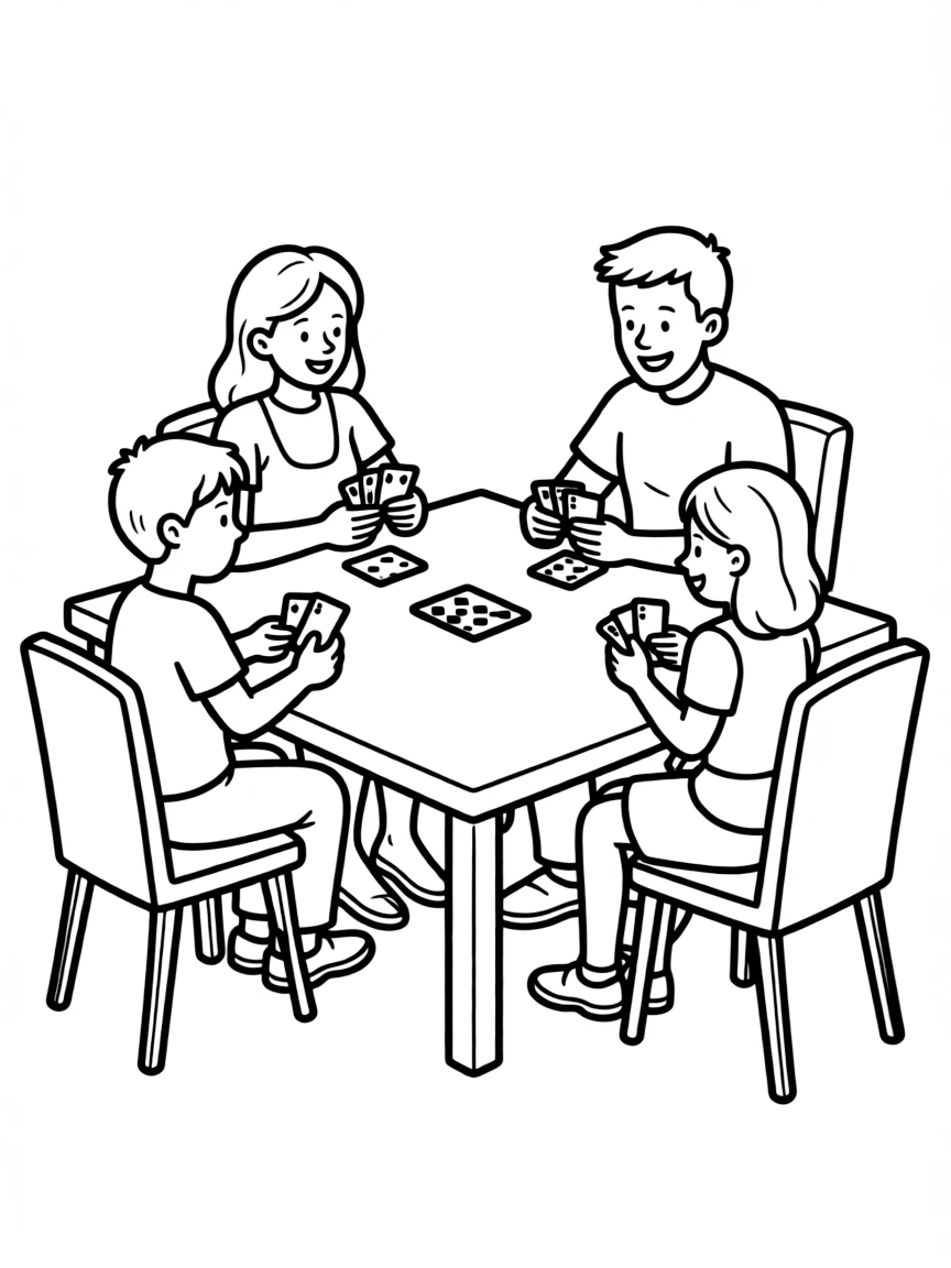 (family) Family playing card games at the table