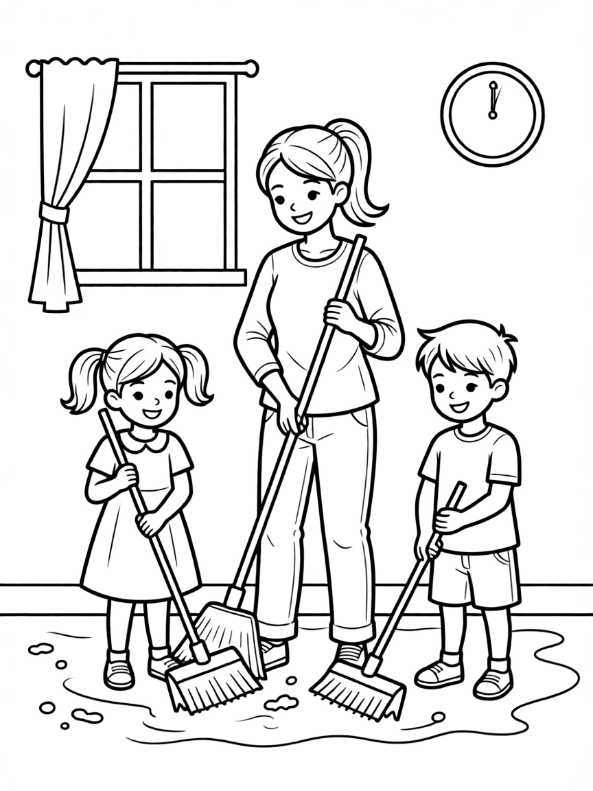 (family) Kids helping mom sweep the floor