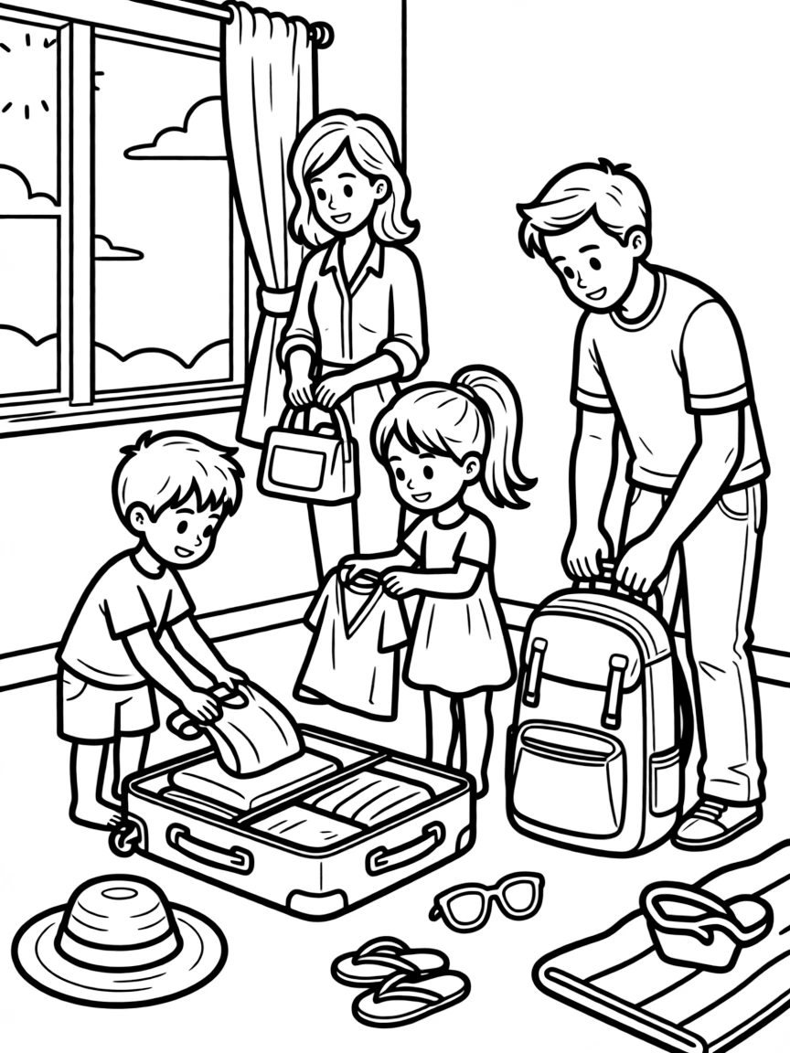 (family) Kids helping parents pack for vacation