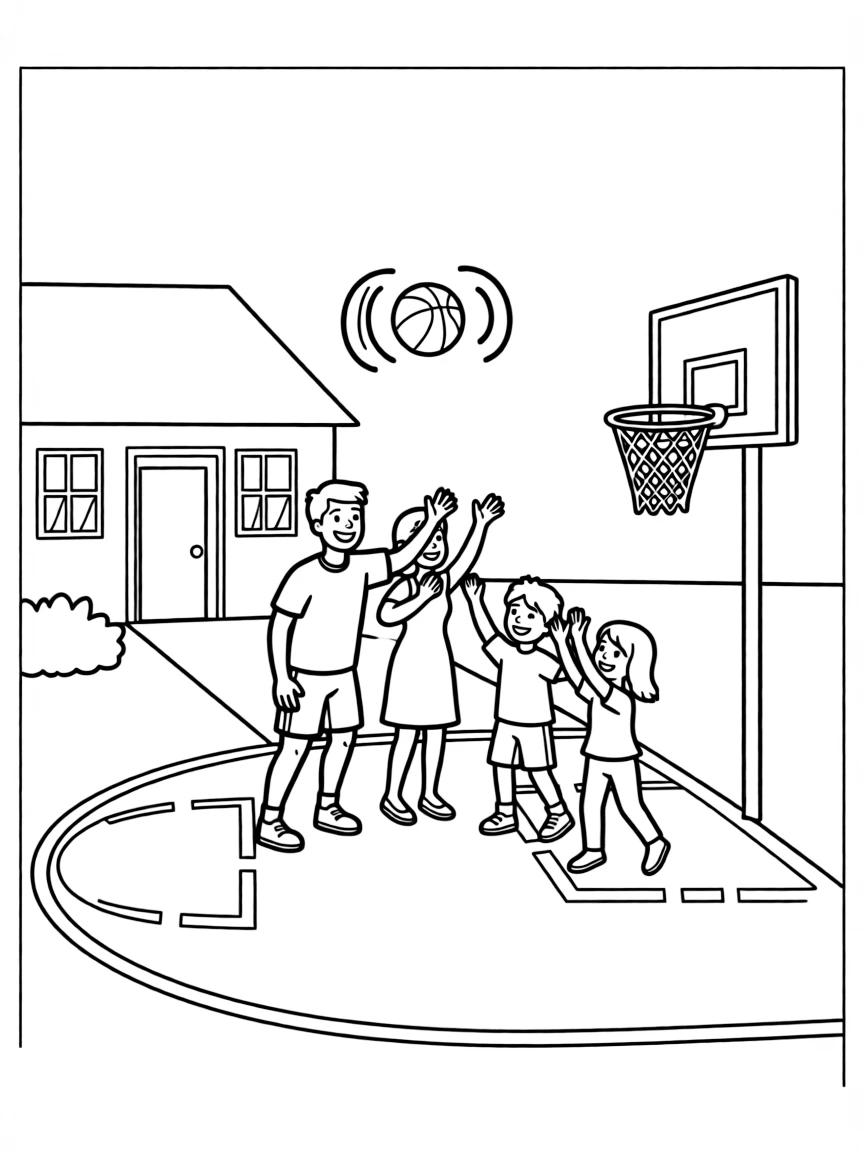 (family) Family playing basketball in the driveway