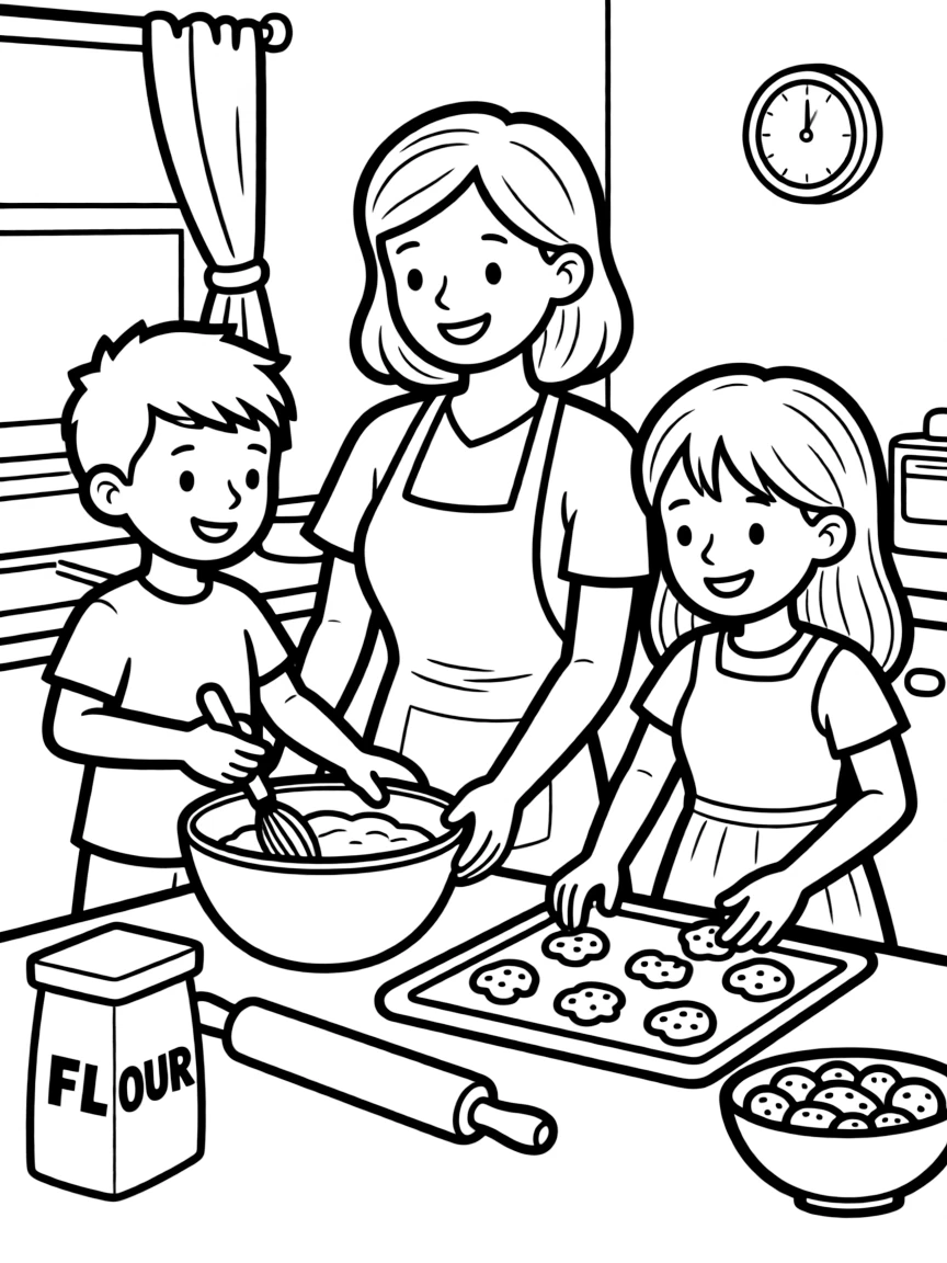 (family) Children helping mom make cookies