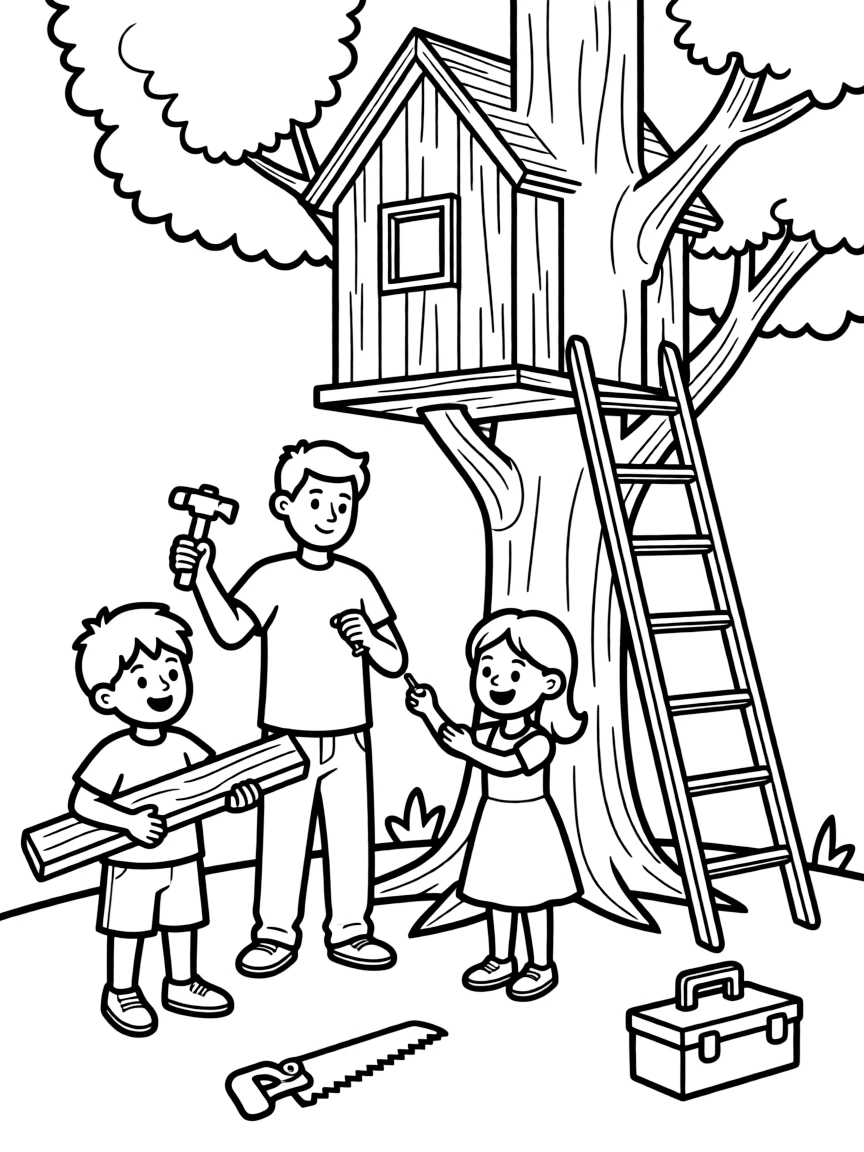 (family) Kids helping dad build a treehouse