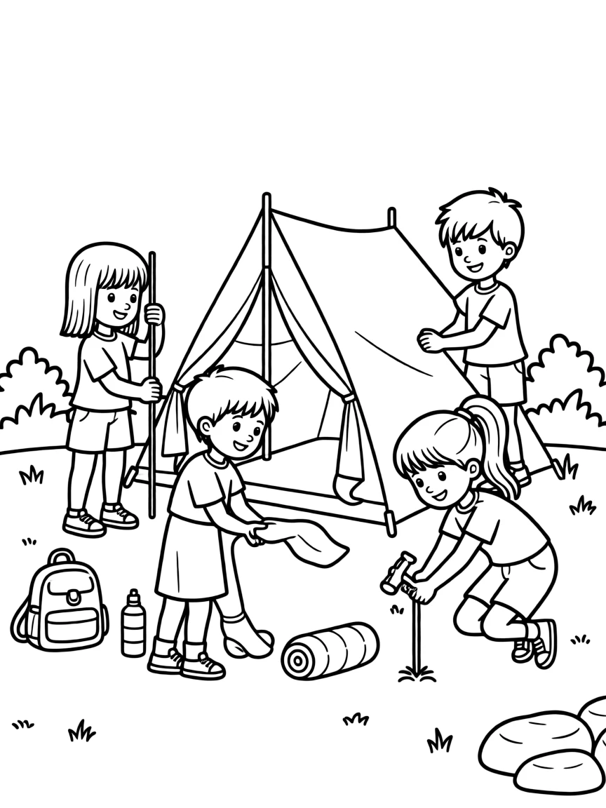 (family) Children helping set up a tent