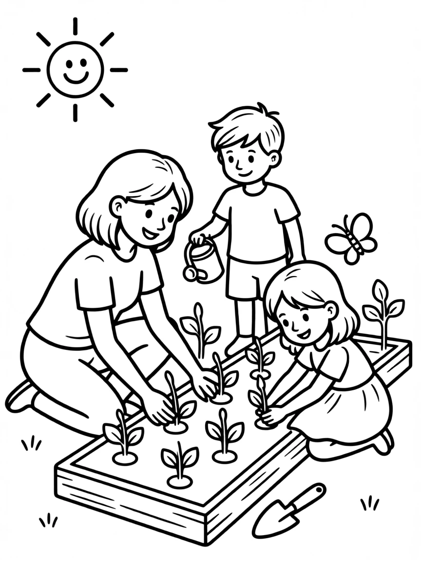 (family) Kids helping mom plant vegetables
