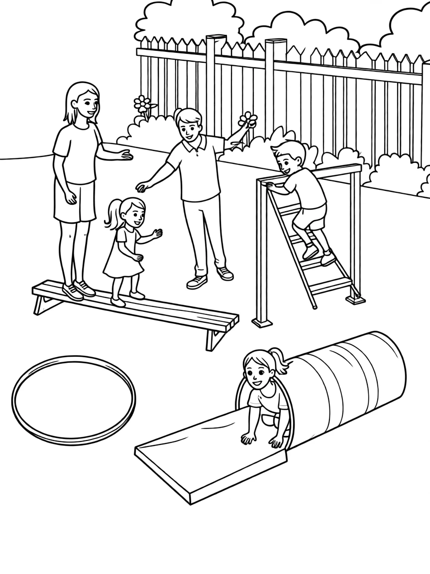 (family) Family having a backyard obstacle course