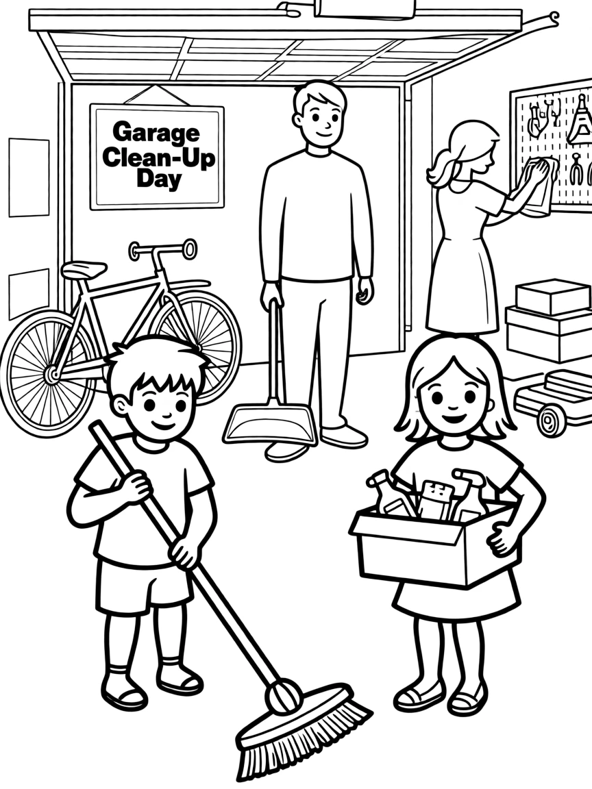 (family) Children helping parents clean the garage
