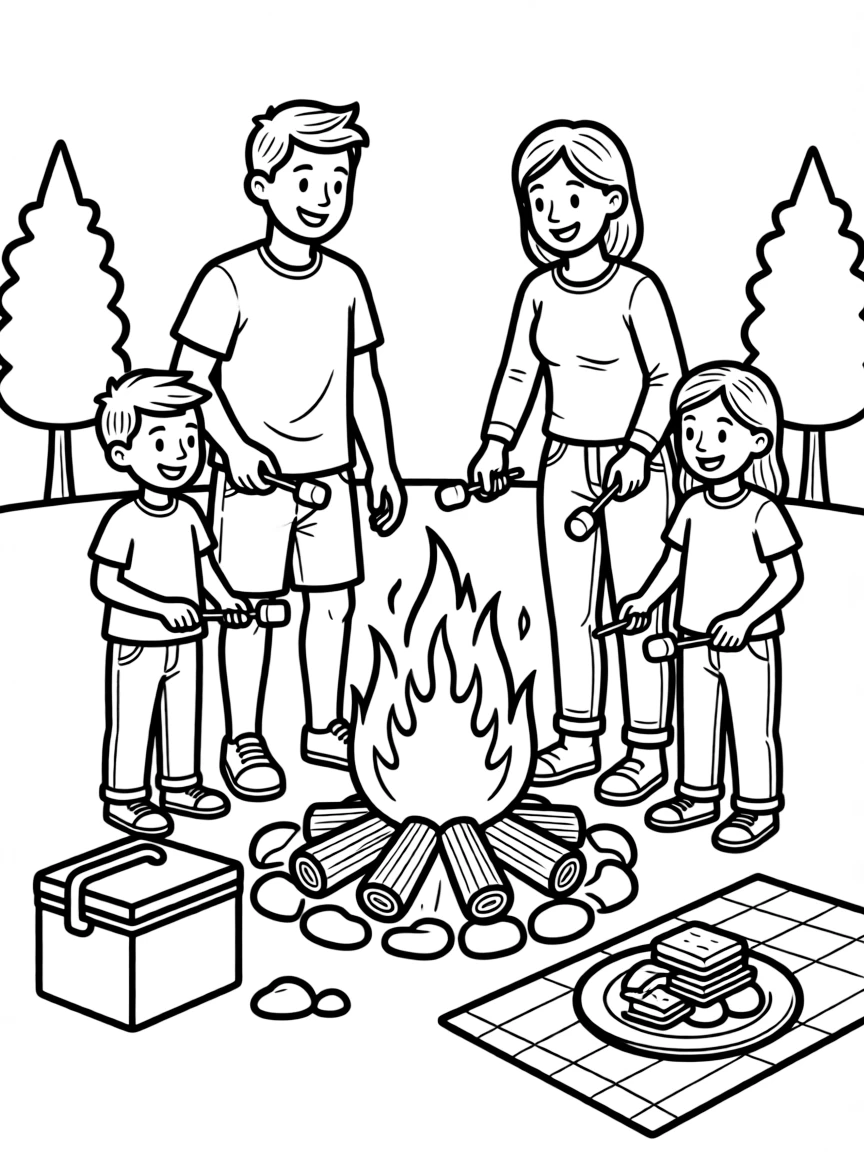 (family) Family having a bonfire with s'mores