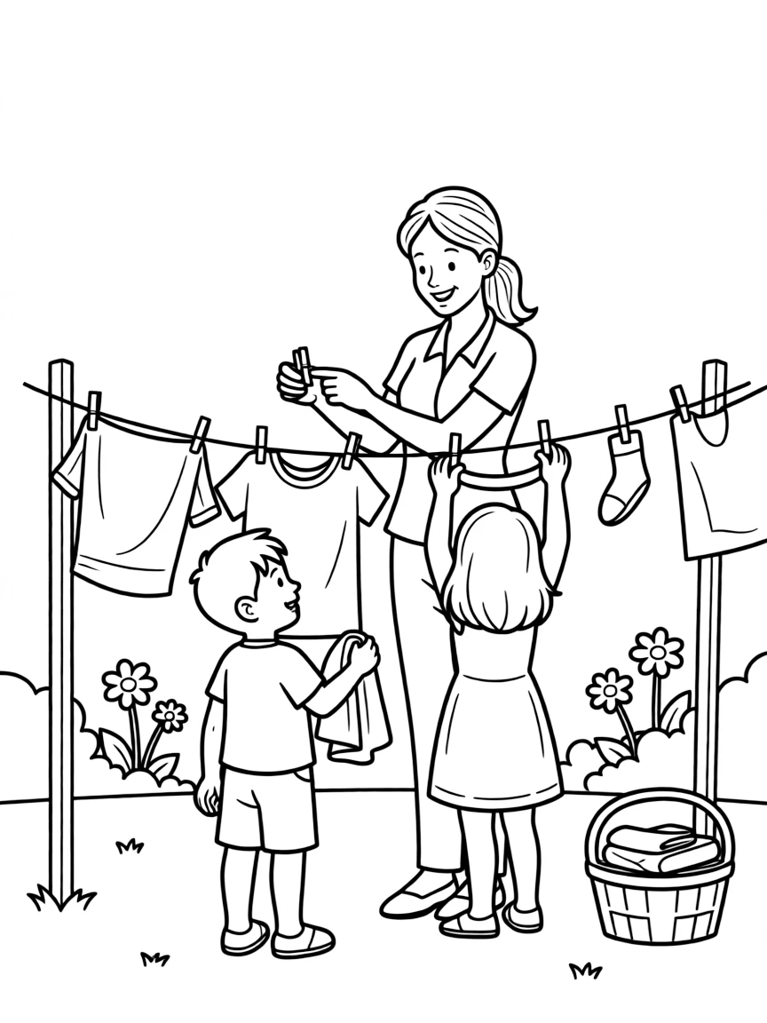 (family) Children helping mom hang laundry