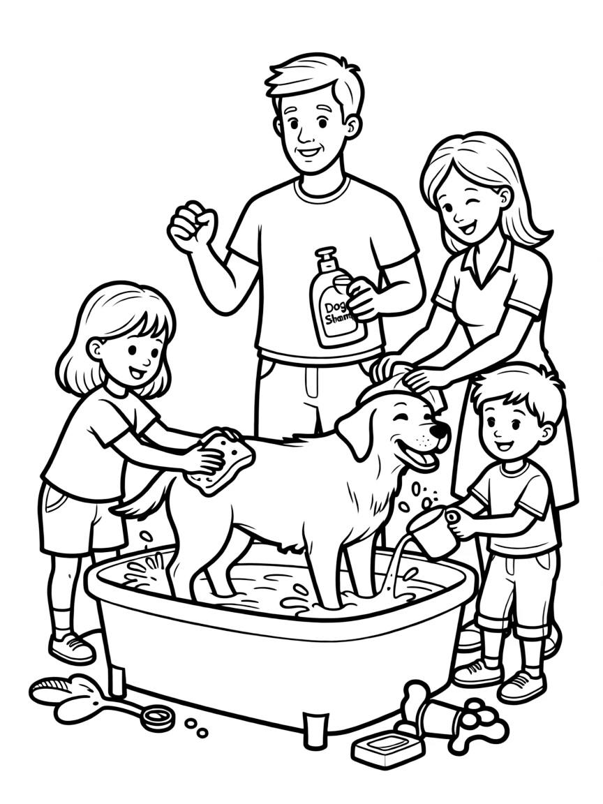 (family) Kids helping parents wash the dog