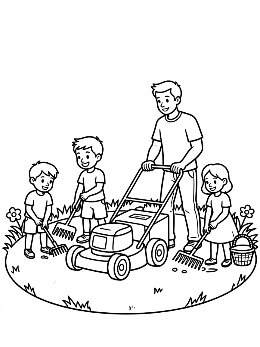 (family) Children helping dad mow the lawn