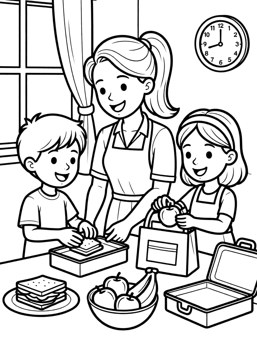 (family) Kids helping mom pack lunches