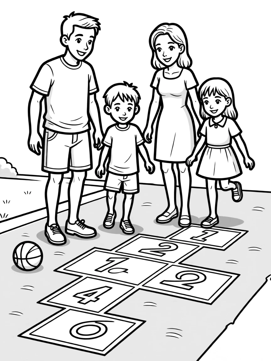(family) Family playing hopscotch in the driveway