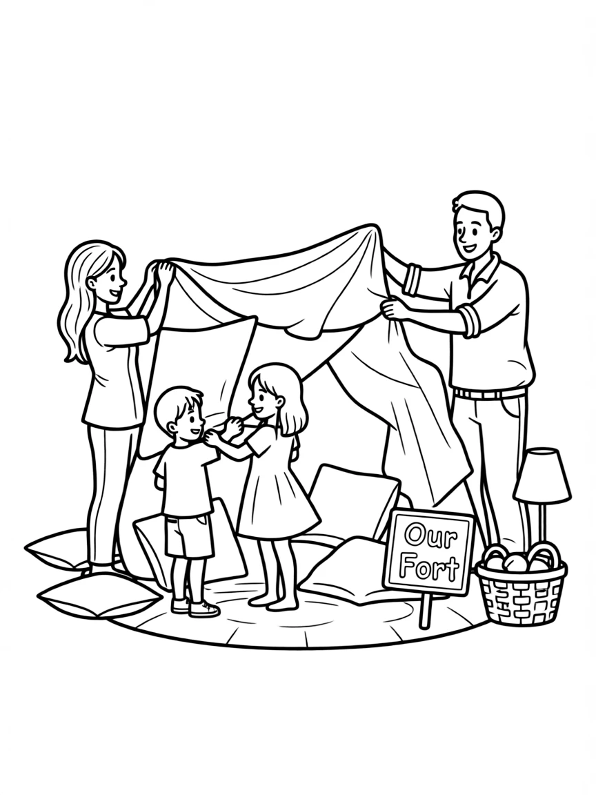 (family) Children helping parents build a fort