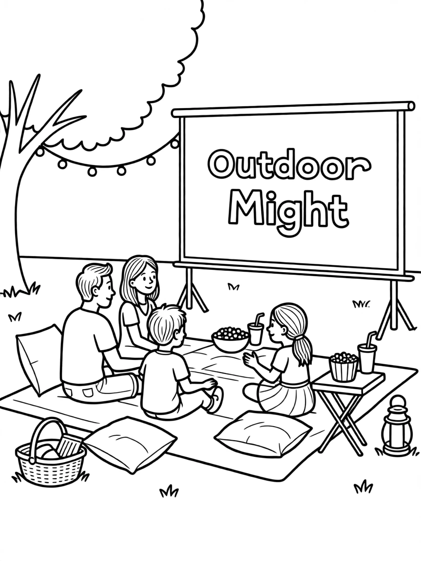 (family) Family having a outdoor movie night