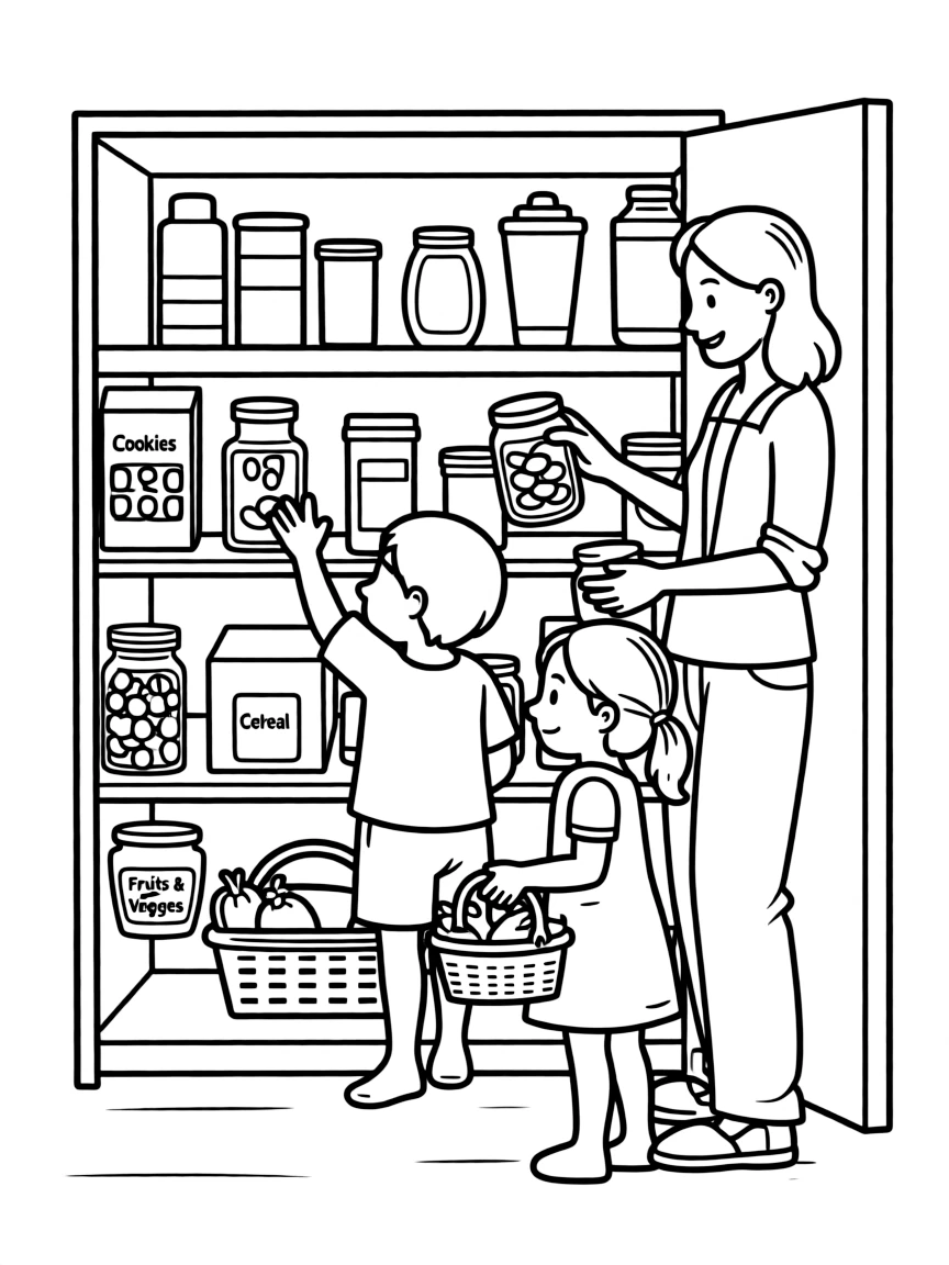 (family) Children helping mom organize the pantry