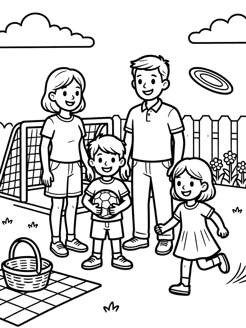 (family) Family having a backyard sports day