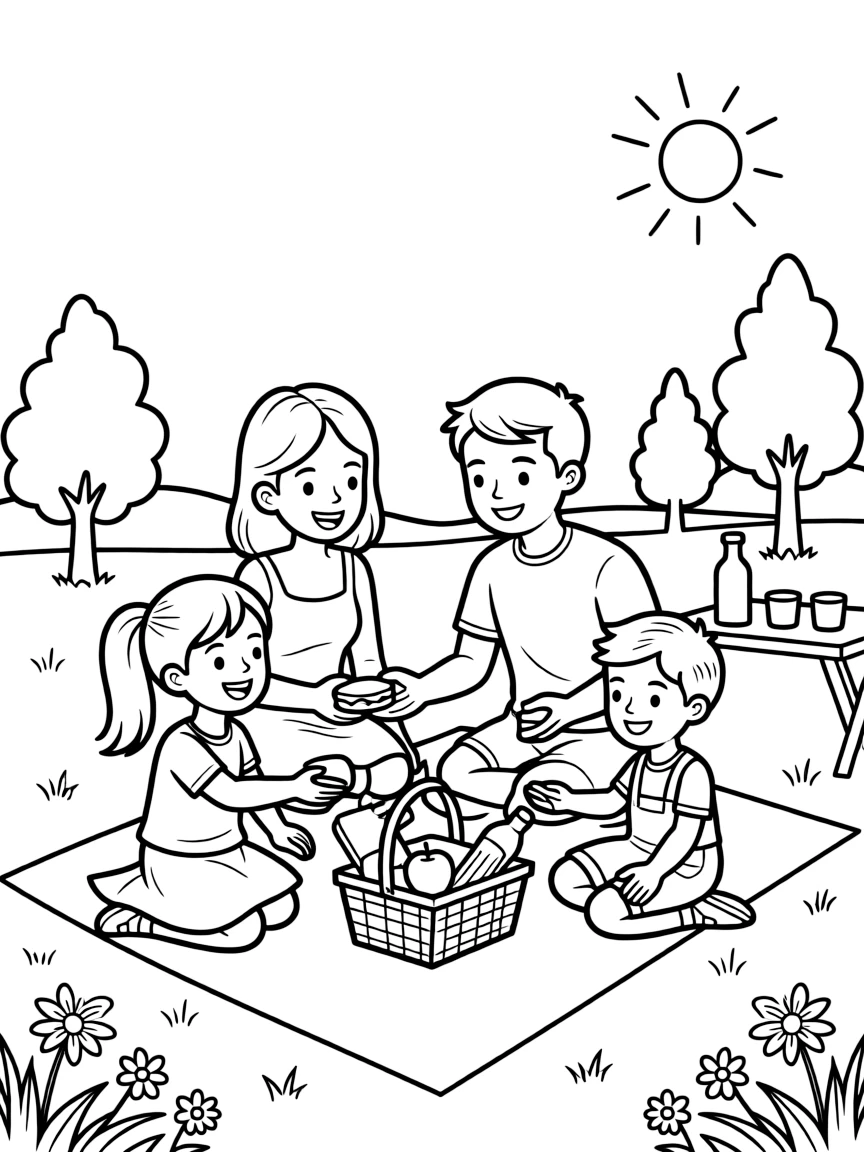 (family) Family having a picnic lunch outdoors