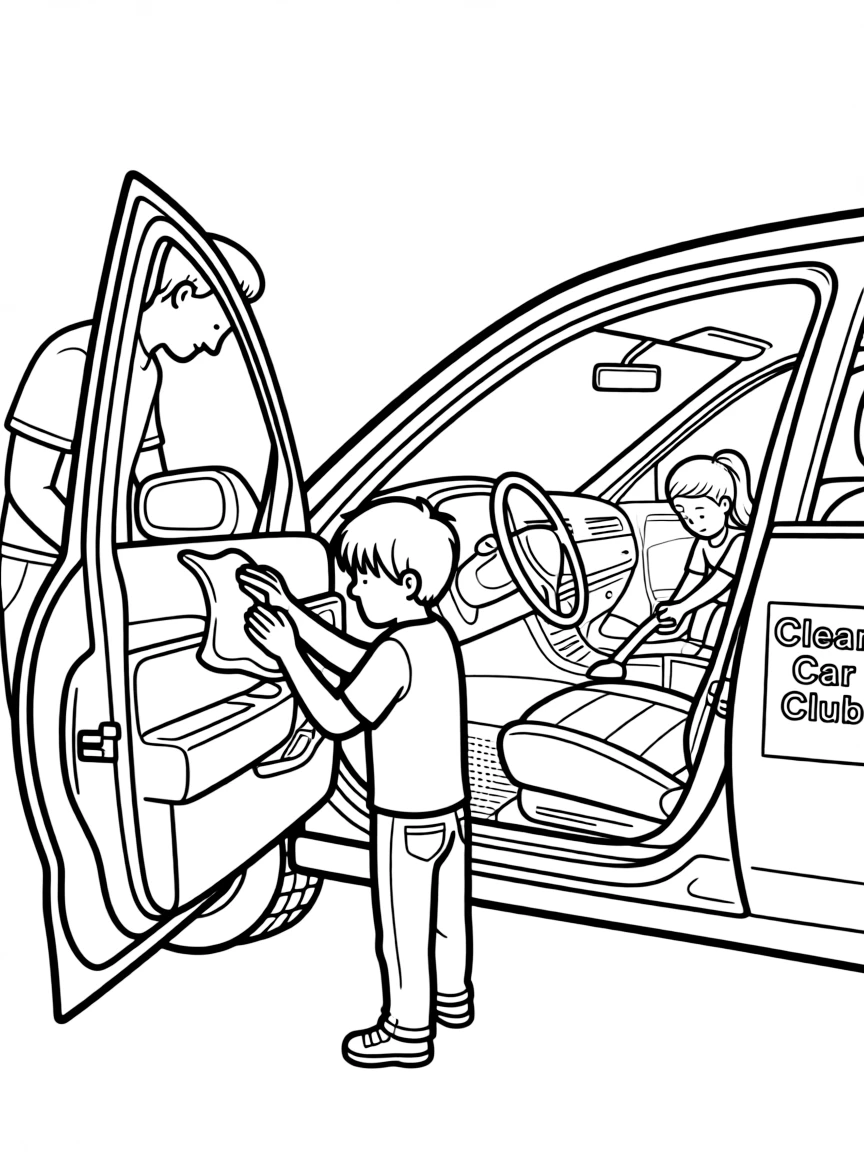 (family) Children helping dad clean the car interior