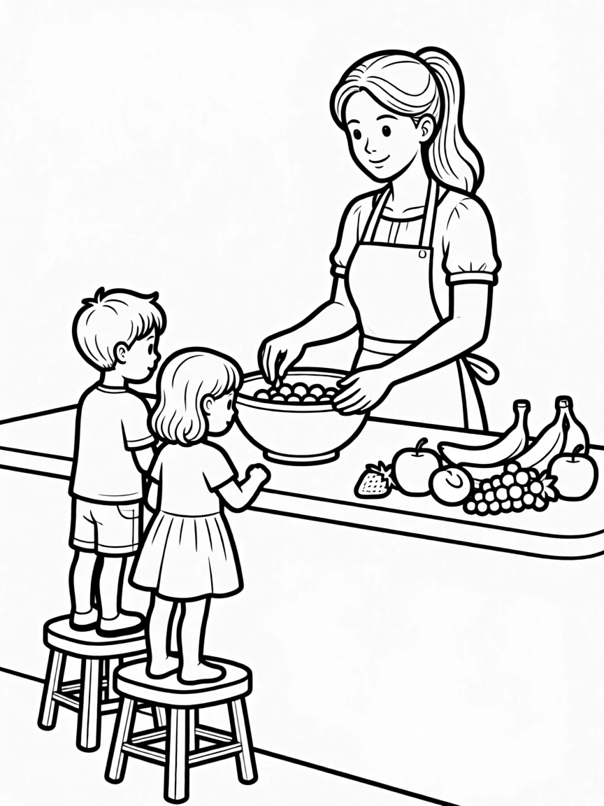 (family) Kids helping mom make fruit salad