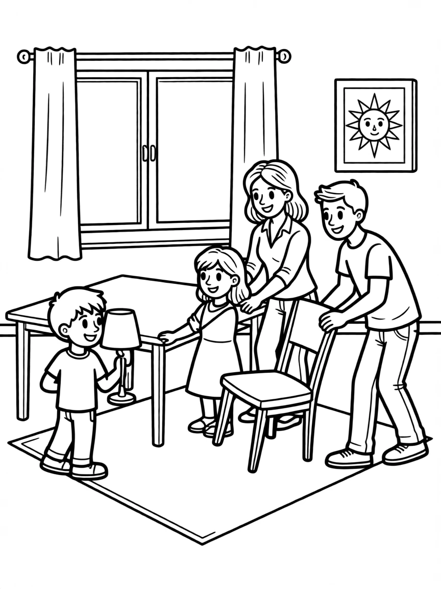 (family) Children helping parents move furniture