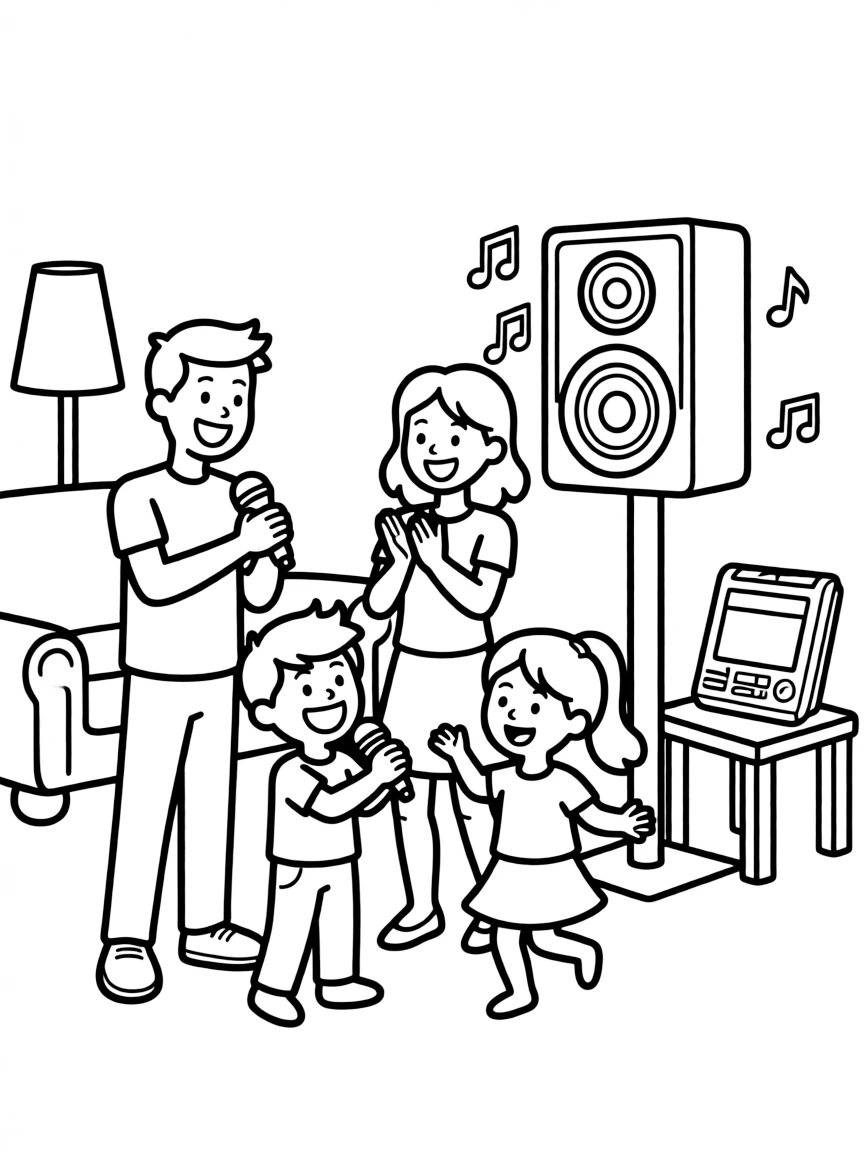 (family) Family having a karaoke night